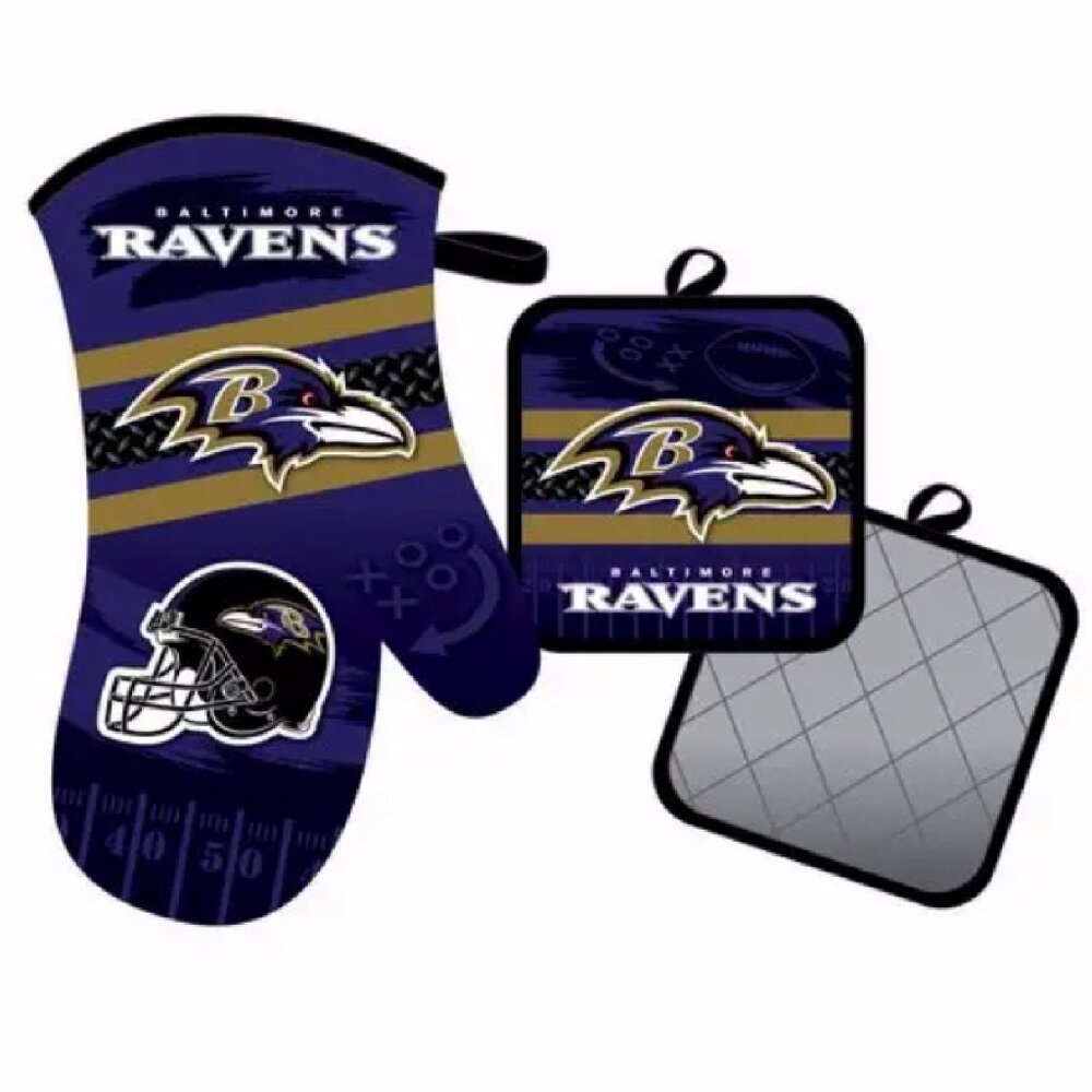 Baltimore Ravens Oven Mitten and Pot Holder Set - NEW Fast Ship